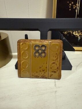 Coach Gold Patent Leather Card Wallet with Silver Emblem